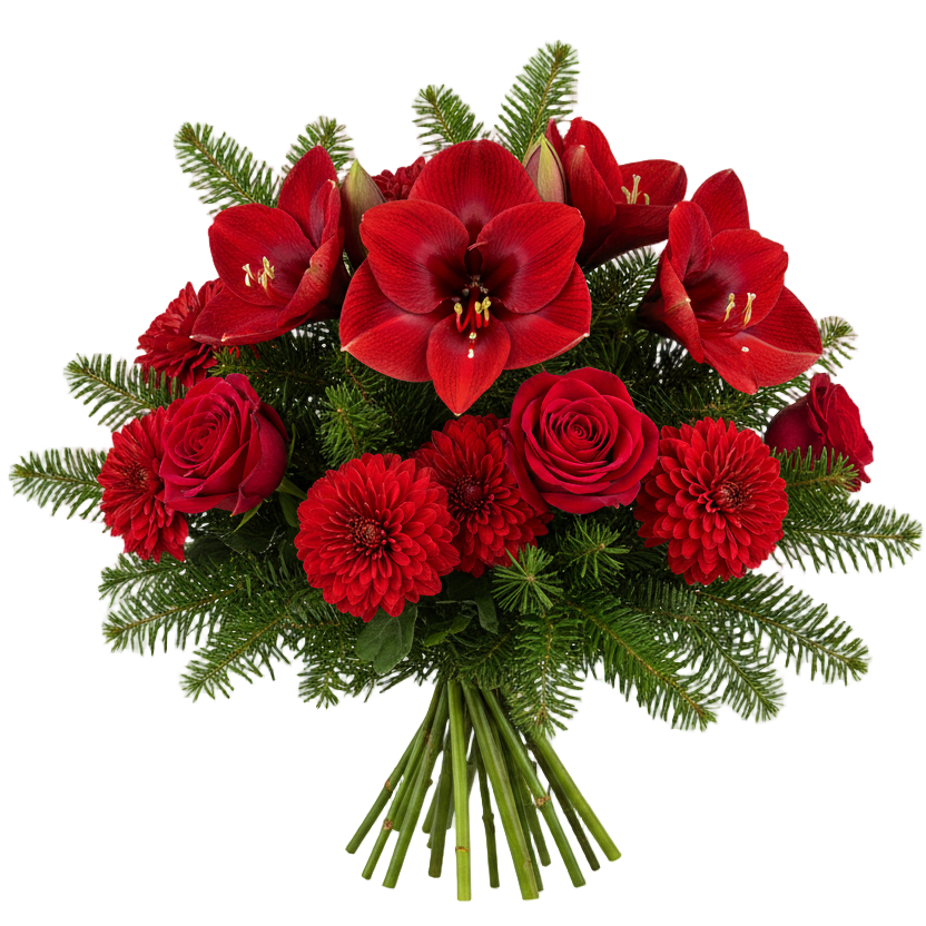 Julbukett med röd amaryllis, färre rosor och krysantemum