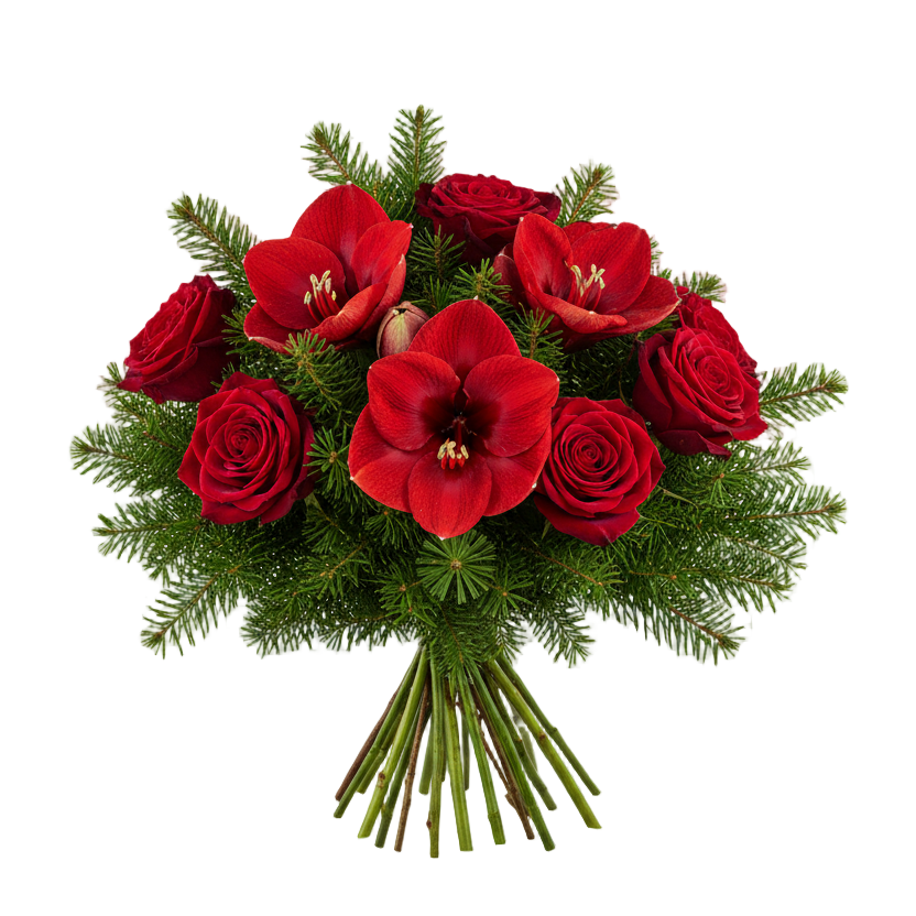 Julbukett med röd amaryllis och naomirosor utan inlindning