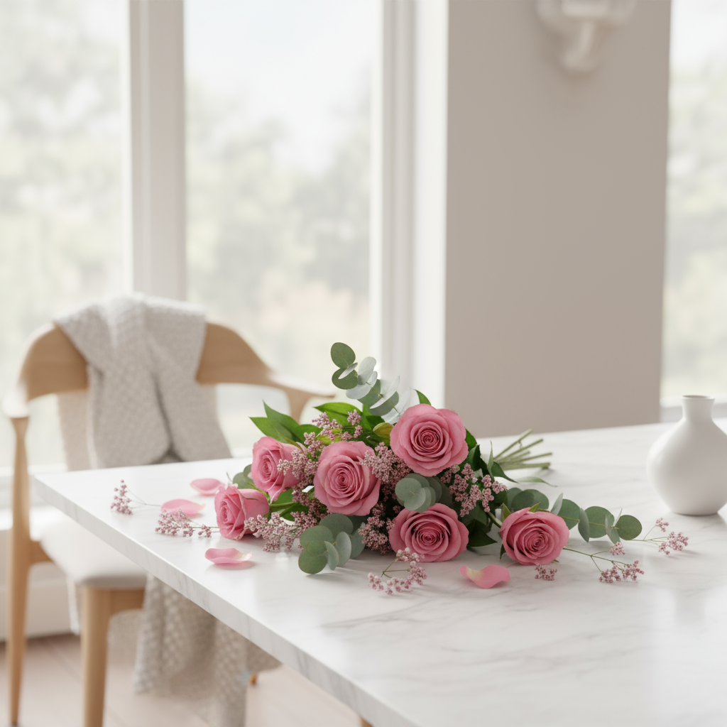 Rosa rosbukett liggande