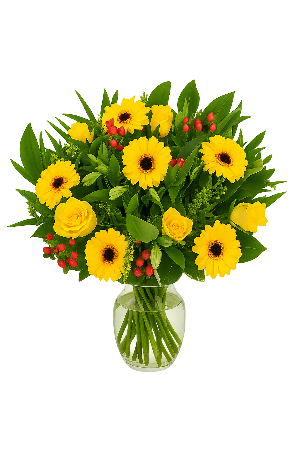 Gul bukett med gerbera, rosor, röda bär och grönt – färgstark blomsterarrangemang