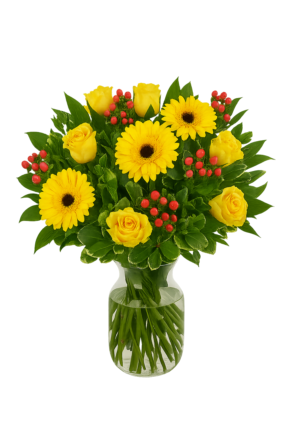 Fyllig gul blomsterbukett med rosor, gerbera och röda bär – perfekt present