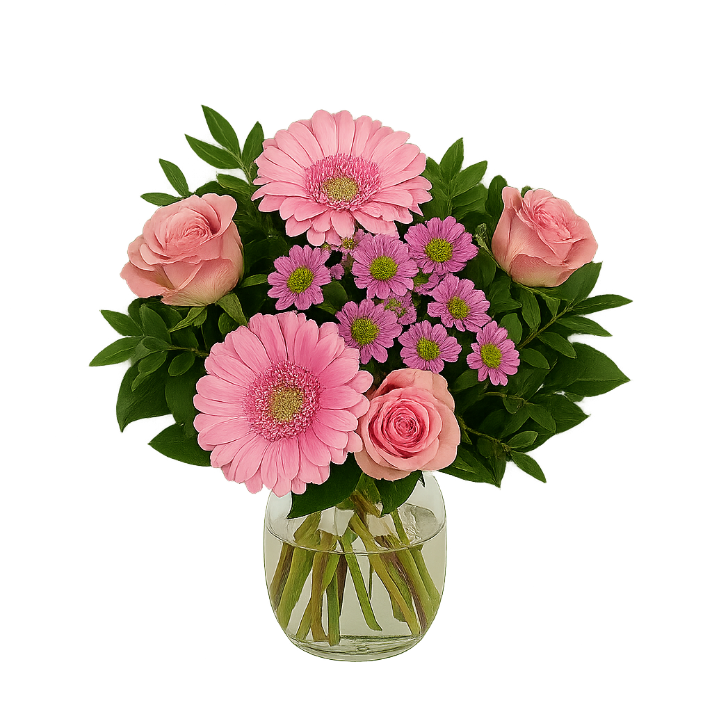 Rosa bukett med rosor, germini och krysantemum i glasvas – en charmig och romantisk blomsterarrangemang.