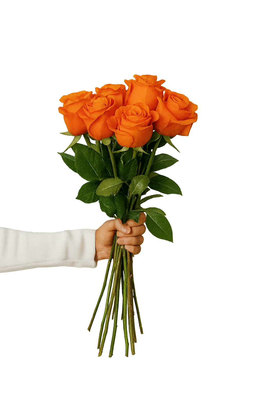 Hand som håller en bukett höstrosor i varma färger – skicka blommor online med Netfloras blombud.