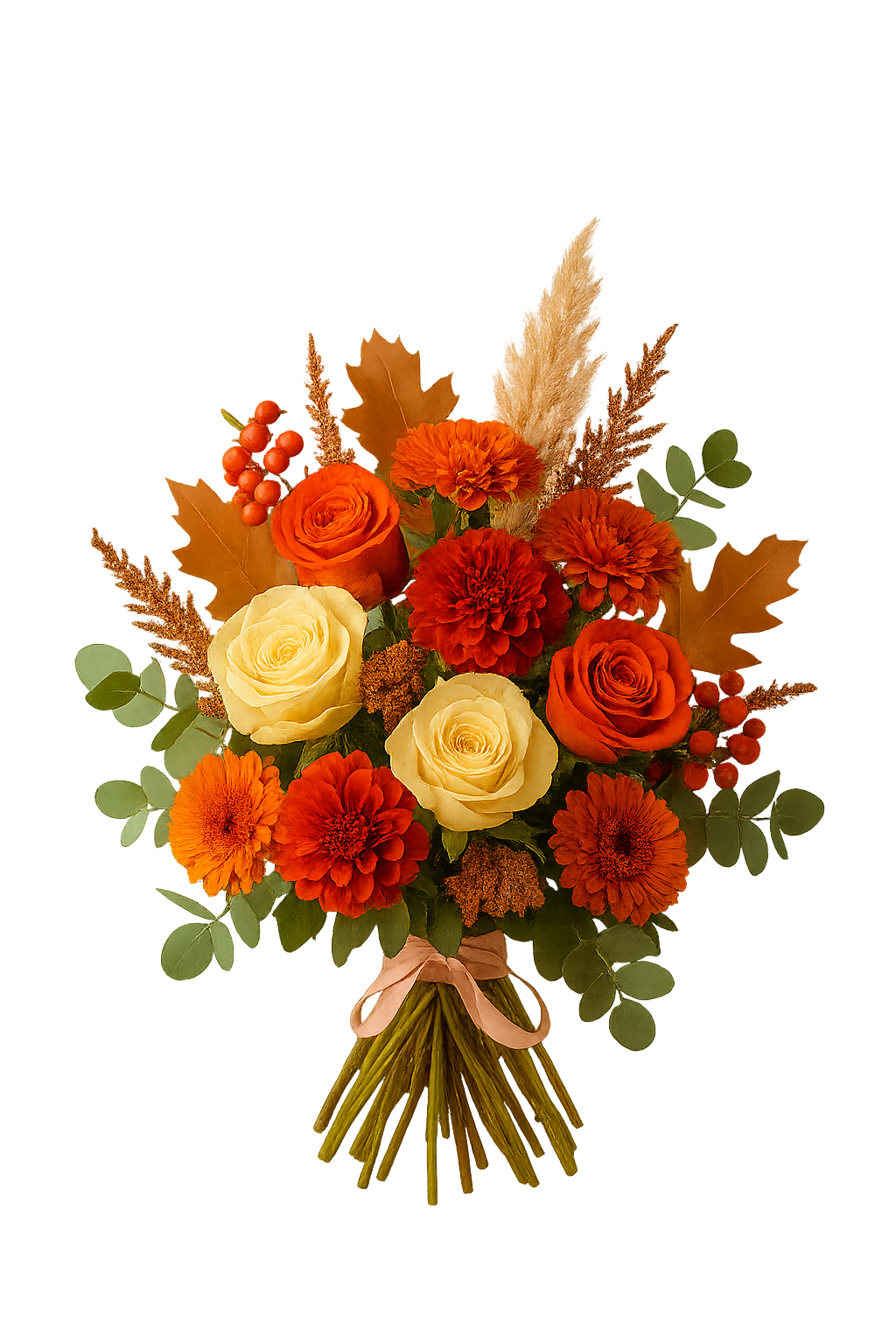 Handbunden höstbukett i varma färger med rosor, gerbera och dahlior – skicka höstblommor med Netfloras blombud.