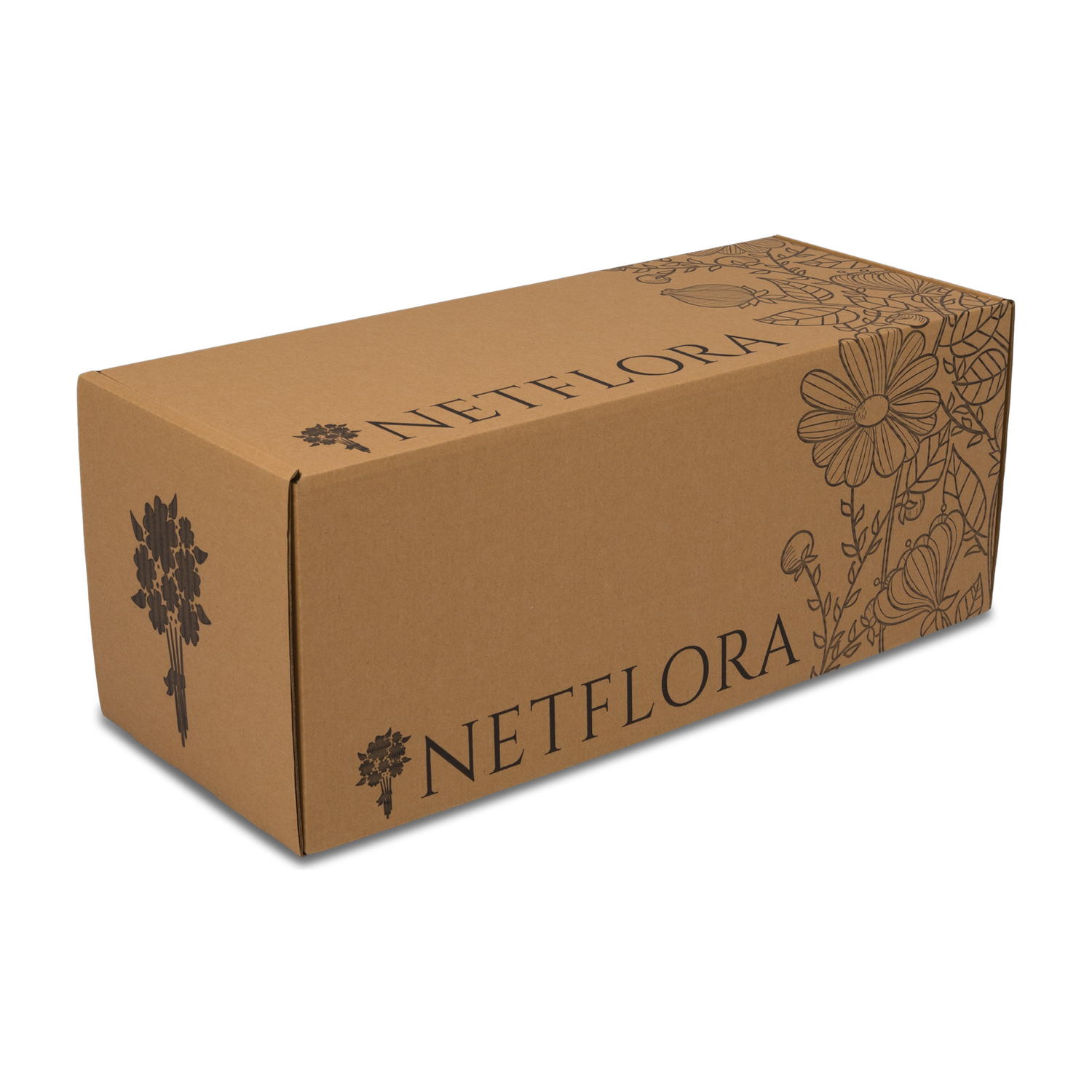 Netfloras blombud-låda i miljövänlig kartong med blomdesign – skyddar buketten under leverans och skapar en lyxig upplevelse
