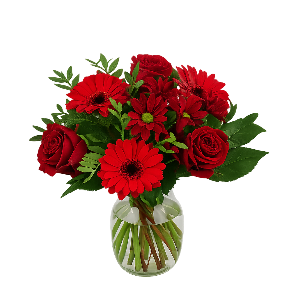 Bukett med röda rosor och gerbera i en rund glasvas. Perfekt som gåva eller romantiska tillfällen.