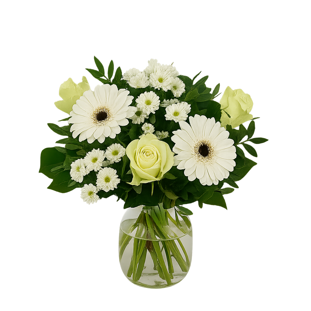 Bukett i vitt med rosor, germini och krysantemum i glasvas – en stilren och harmonisk blomsterarrangemang.