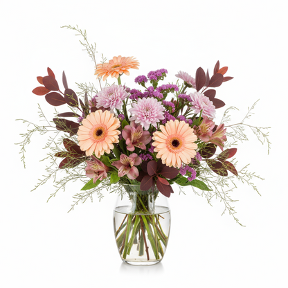 Aprikosa-rosa bukett med specifika blommor