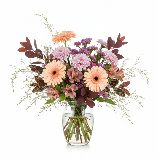 Aprikosa-rosa bukett med specifika blommor