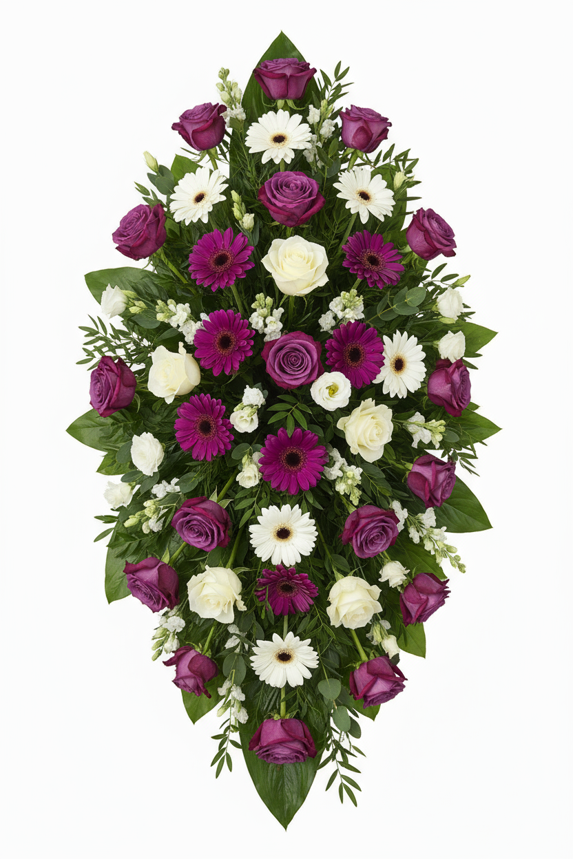 Begravningsdekoration i lila/vitt