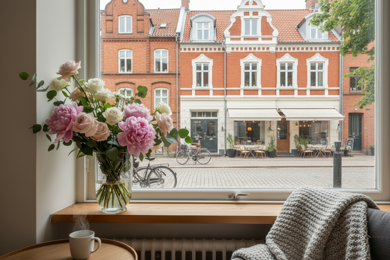 Bukett i fönster med Malmöutsikt