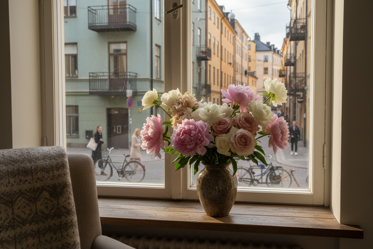 Bukett i fönster med utsikt över Stockholm