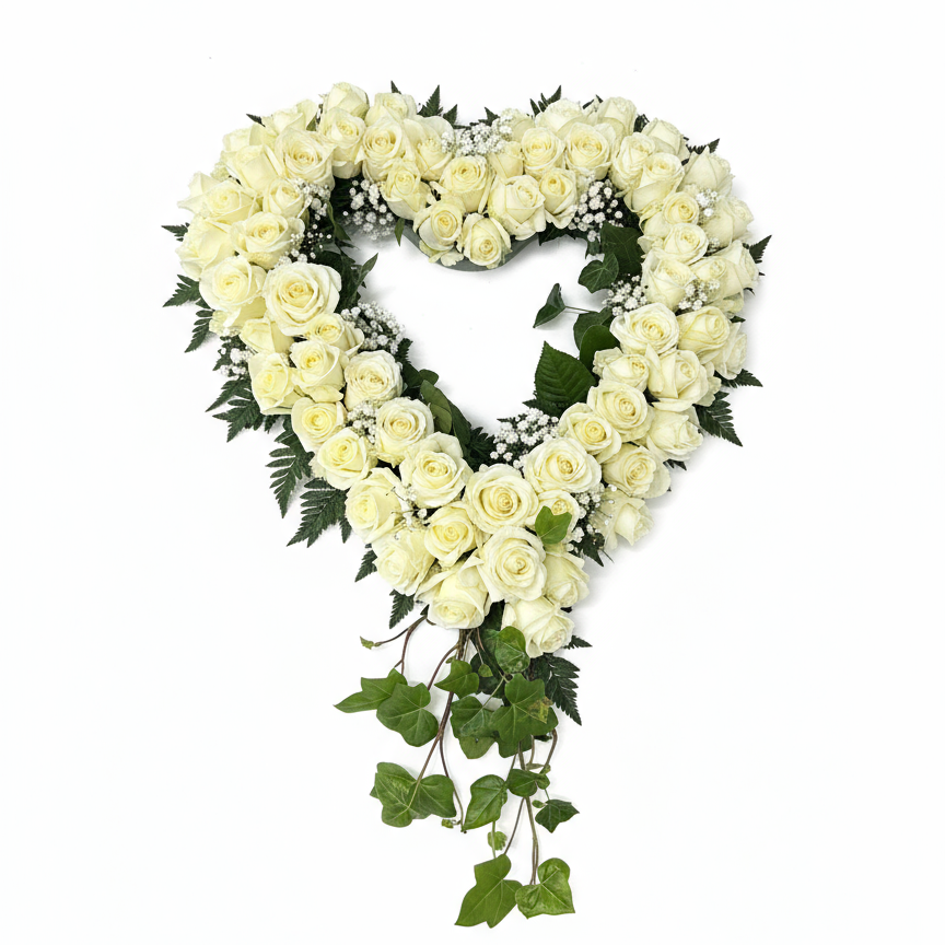 Cremefärgad begravningskrans med små rosor