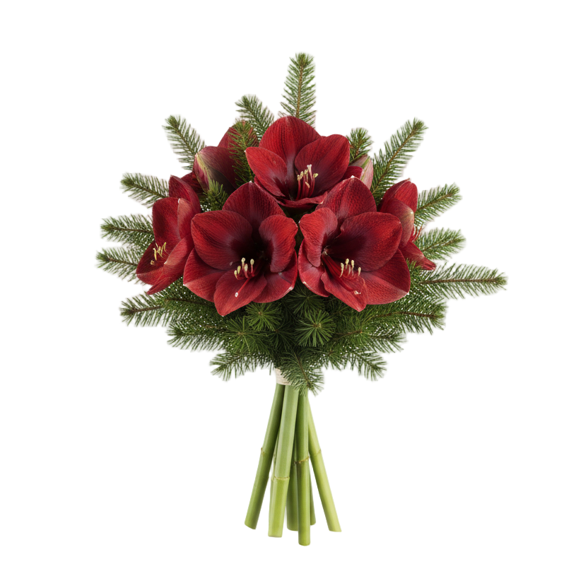 Enkel julbukett med röd amaryllis och barr