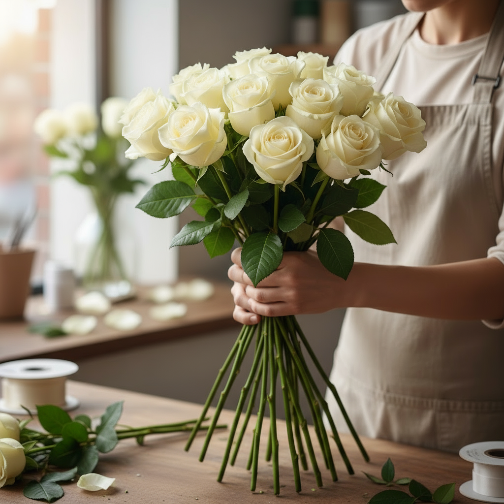 Floristen arrangerar vita rosor