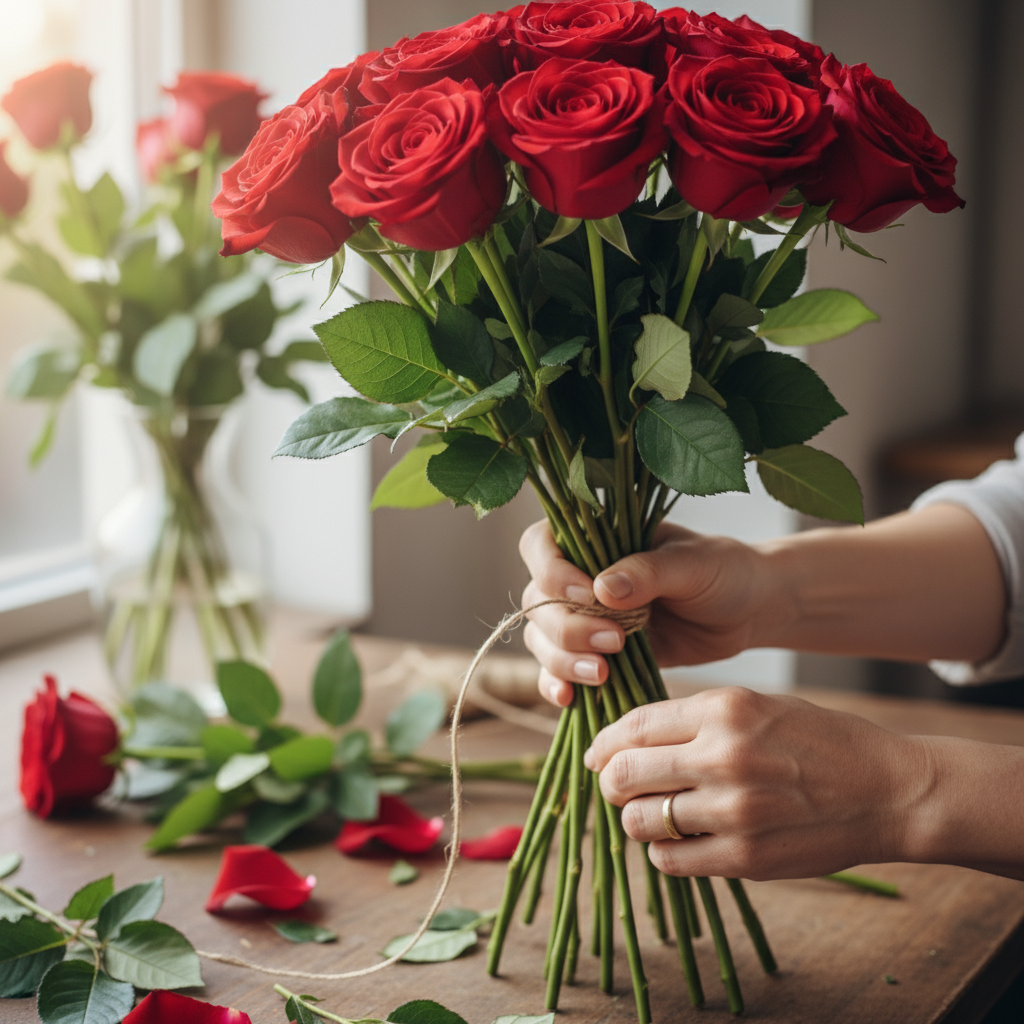 Floristen binder röda Naomi rosor