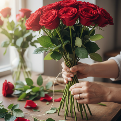 Floristen binder röda Naomi rosor