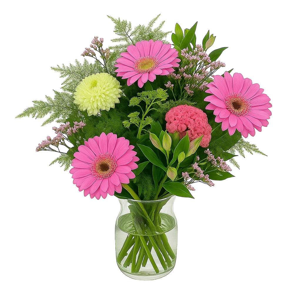 Bukett med rosa germini, limegrön krysantemum, celosia, alstroemeria och gröna dillblommor – en färgstark och luftig blomsterhälsning