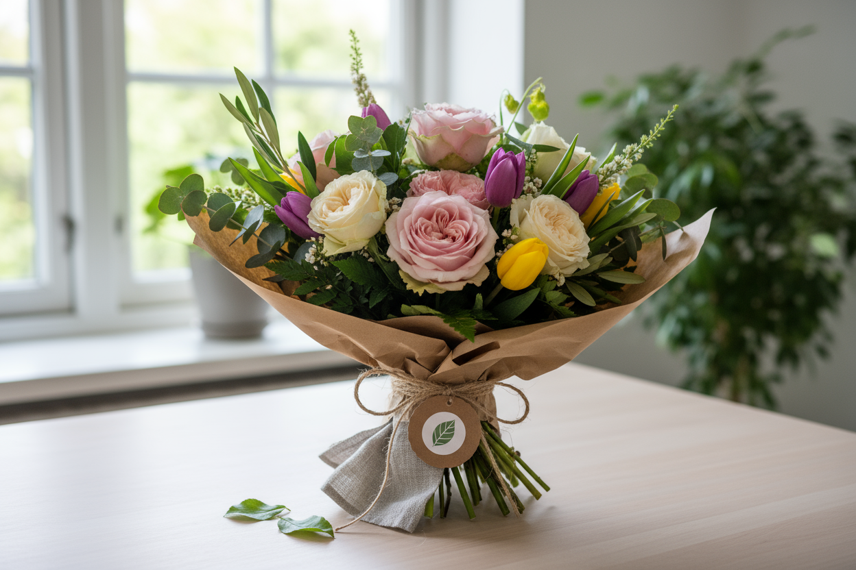 Hållbar blomsterbukett med miljövänlig förpackning