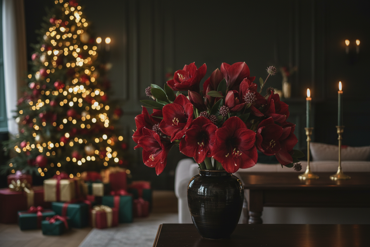 Julbild med amaryllis och två ljus för framsida