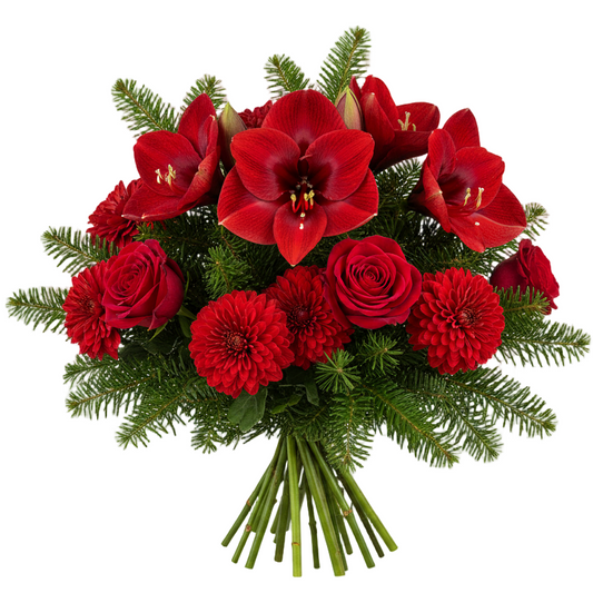 Julbukett med röd amaryllis, färre rosor och krysantemum