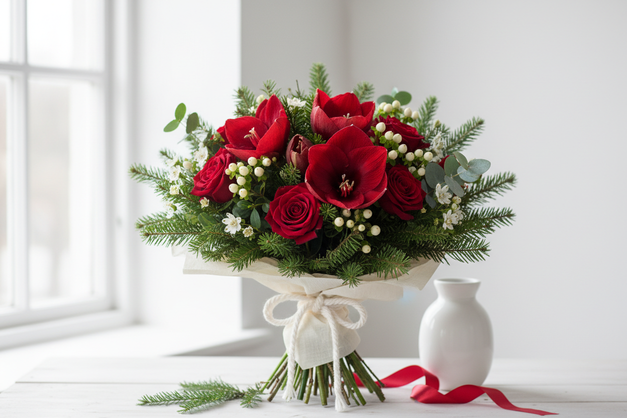Julbukett med röd amaryllis och naomirosor