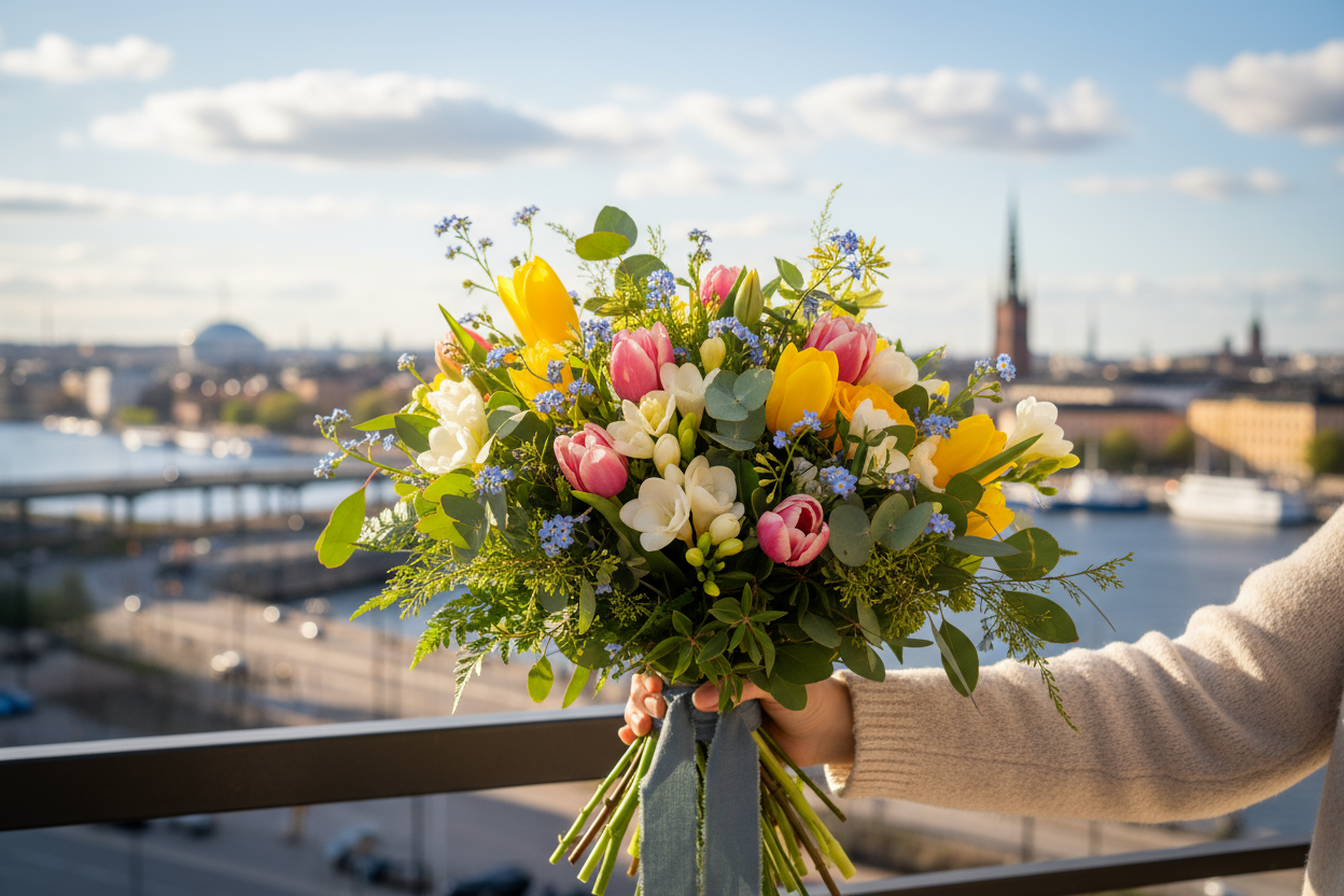 Livfull bukett med Stockholm i bakgrunden