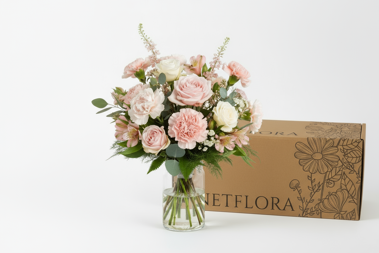 Ljusrosa bukett med Netflora-låda