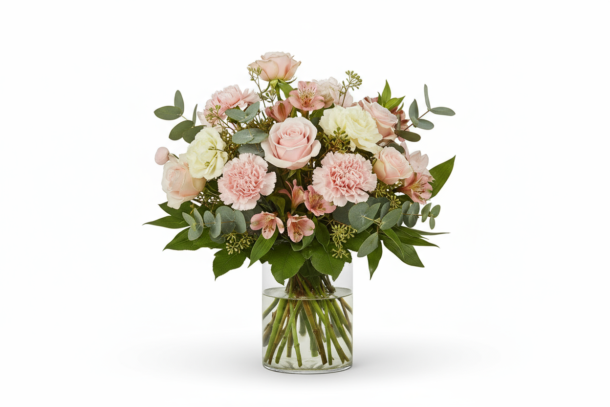 Ljusrosa bukett med vit bakgrund