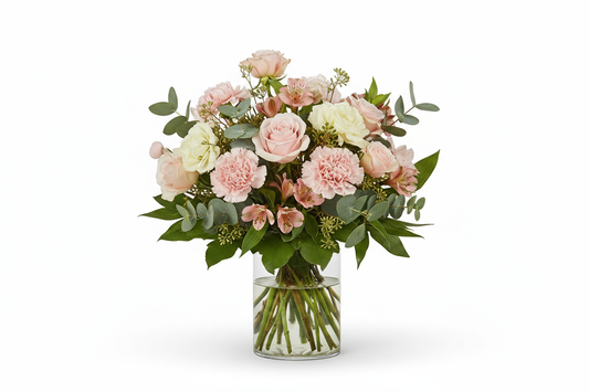 Ljusrosa bukett med vit bakgrund