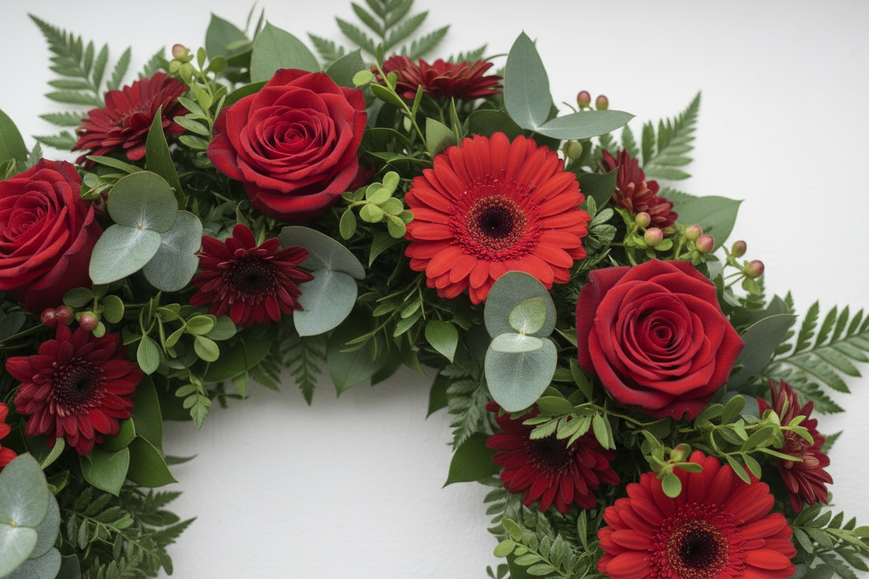 Närbild röd begravningskrans