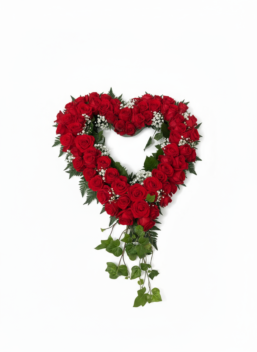 Röd begravningskrans flat lay