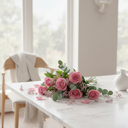 Rosa rosbukett liggande