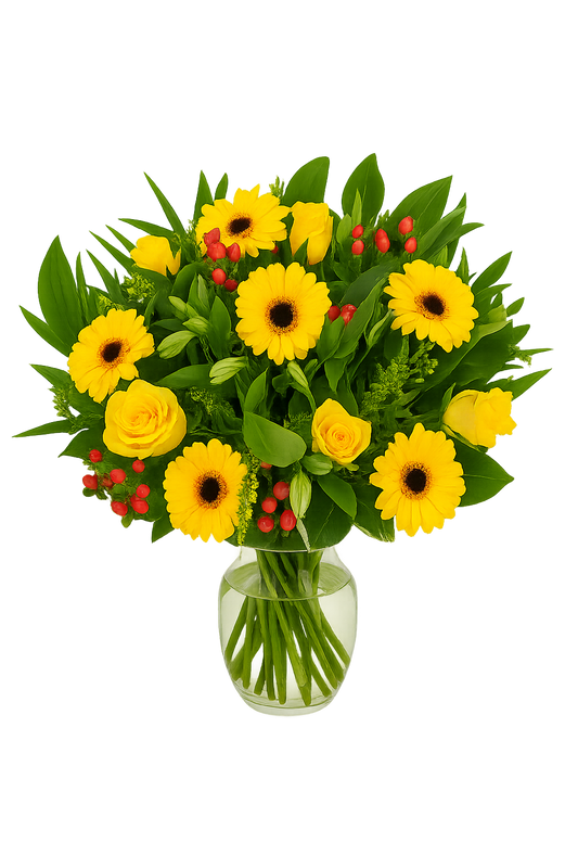 Gul bukett med gerbera, rosor, röda bär och grönt – färgstark blomsterarrangemang