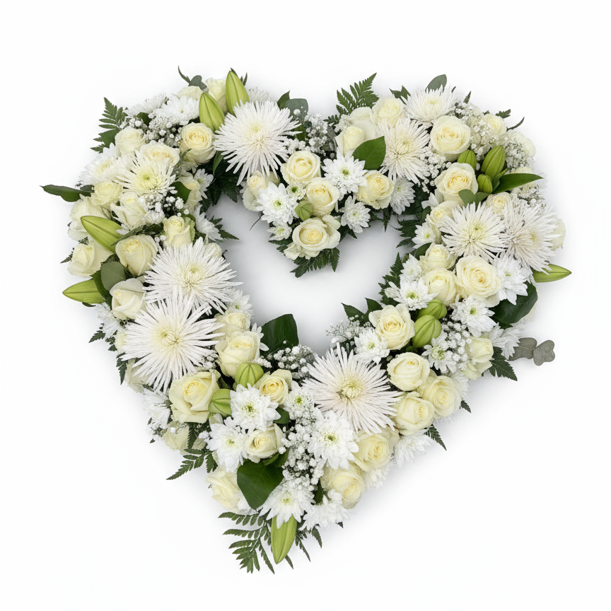 Vit begravningskrans flat lay