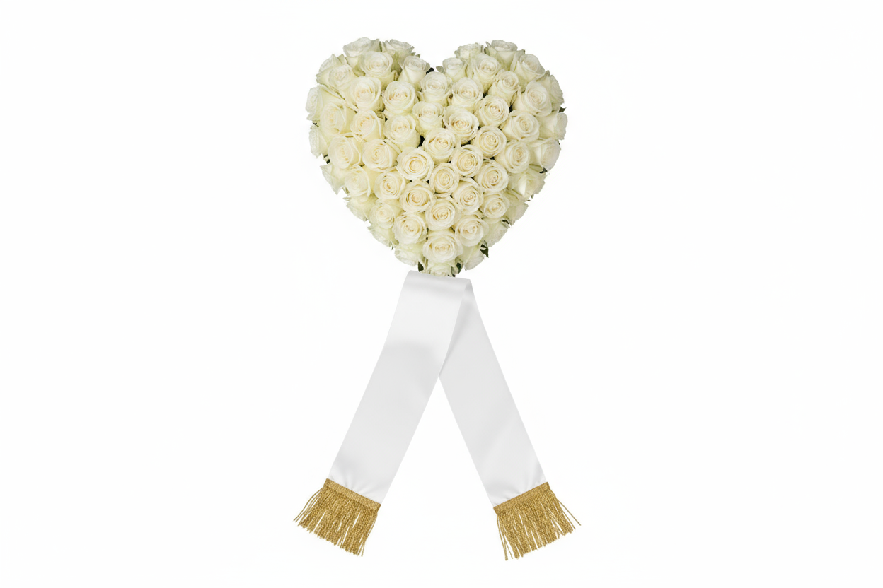 Vitt roshjärta med sorgeband